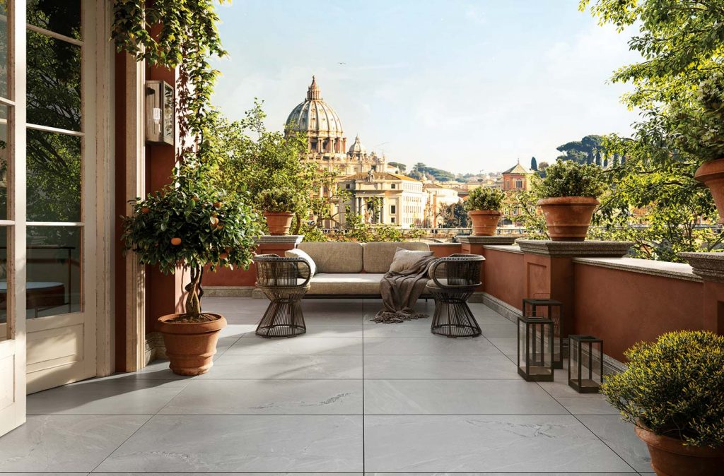 Terrasse mit Doppelboden, Keramikfliesen Way von NovoceramVerlegung auf Way Quartz 60×120 Outdoor Plus-Unterlage.