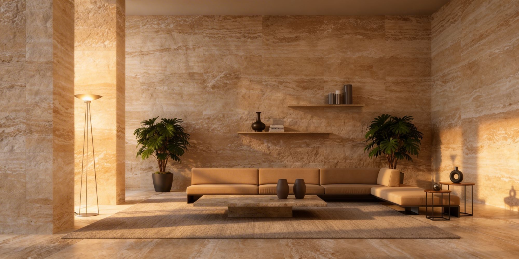 Große Fliesen in Travertinoptik im zeitgenössischen Stil